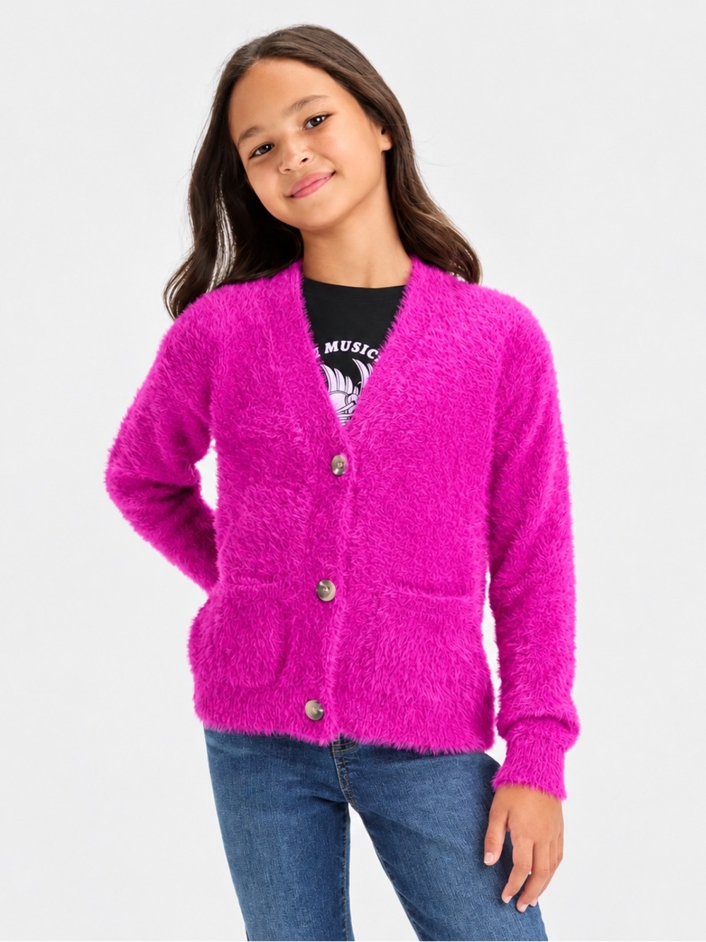 Cat & Jack Magenta Fuzzy Layering Cardigan Size S (6/7) Buttons Front Pocket NWT
